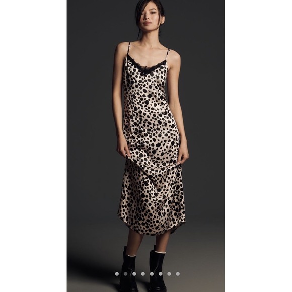 Anthropologie Women's Medium‎ Animal Print Lace Trim Slip Dress Midi Black NEW - Picture 8 of 16